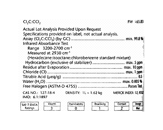 Tetrachloroethylene, ULTRA RESI-ANALYZED (perchloroethylene), For Trace Hydrocarbon Analysis by Ir S