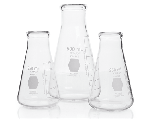 Flask, Erlenmeyer, Wide Mouth, Heavy-Duty Tooled Top Finish, with Capacity Scale, Kimble