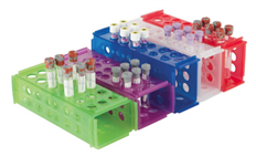 Racks hold round, flat and conical blood collection and culture tubes